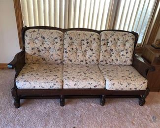 Vintage Retro Couch Set
Large set of matching retro wooden couch, chair and rocker. NEED CLEANING. Couch: 33"H x 71"W x 32"D; Rocker: 38"H x 27"W x 26"D; Chair: 33"H x 28"W x 31"D; Foot stool: 17"H x 24"W x 20"D. All items are worn from time with minor damage. All pieces need cleaned. Cushions are in good condition other than dirty. IN basement.