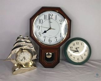 Clocks
Three (3) Clocks: One (1) Elgin wall clock and one (1) plastic mantle clock with a ship on it, one (1) general wall clock. Unknown working condition