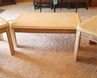 Coffee and Side Tables
Three (3) tables by Pallister, used condition. Tops could use some repairs. Coffee Table is 16 " H x 50 " W x 30 " D, Side tables are 21 " H x 22 " W x 27 " D
