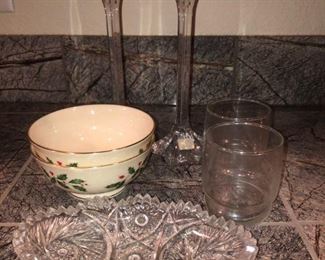 Lenox Christmas Bowls and More
Two (2) beautiful Christmas dishes from Lenox (do have some staining), two (2) Mikasa candlesticks, and assorted wine/cherry glasses.