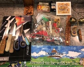 Miscellaneous Kitchen and Barware
Includes bottle openers,candle snuffer, mixer, KuchenStolz knife set (appears to be new), coasters and more