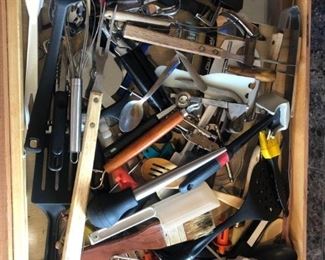 	
Assorted Kitchen Utensils
Drawer of assorted kitchen utensils including cooking tools, pizza cutters, untested kitchen timer and more. Used condition.
