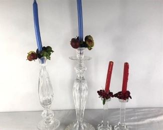 Crystal and Glass Candlesticks
Two (2) crystal candlesticks, 17"T and two (2) glass, 8"T. Each have fruit decoration and candles.