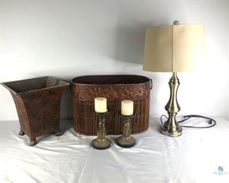 Home Decoration
One (1) lamp with metal base - 25"x12"W, one (1) metal bucket - 13"Hx12"W, one (1) safari themed metal and rattan bucket - 13"Hx20"Wx10"D, and two (2) candlestick, 8.5" and 7".
