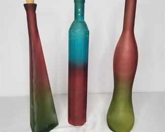 Painted Frosted Glass Bottles
17" tall with corks. Some paint peeling - see photos.