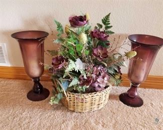 Purple Home Decoration
Purple candles, glass vases - 17"T, and basket with silk flower arrangement