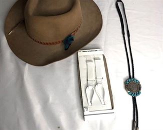 Akubra Australian Felt Hat and Morgan Silver Dollar and Turquoise-Like Bolo Tie
Unique collector's bolo tie. Lot also includes a set of men's braces