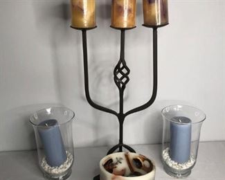 Candle and Decorations
Two (2) vases with large candles - 10", one (1) wrought iron candelabra with three (3) candles - 25"T, and one (1) wax/candle holder - 6"