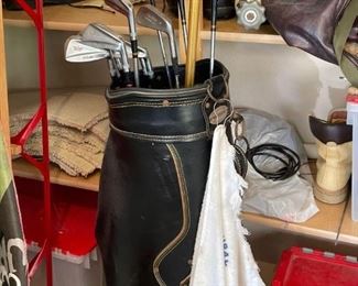 Golf Must-haves
Professional golf bag in good condition (appears to be leather), with Wilson and Top-Elite clubs