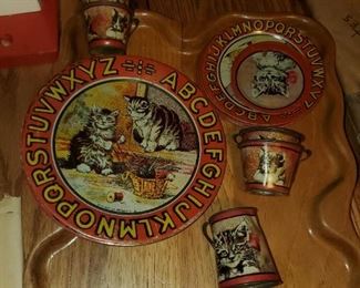 Alphabet toy tin dishes with cats