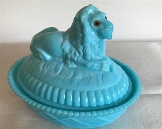 Westmoreland blue milk glass pieces - at least 10 of them. We deleted some pics to make room for more items.  All are available.