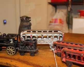 A C Williams cast iron toys - train Also cast iron bear missing part of his face but still working