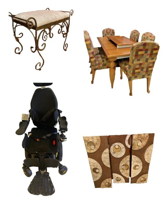 Victorian Vanity Chair/Ottomon•Dining Table/Chairs•HighTech Elect. Mobility Wheel Chair•Wall Hanging Panel Decor.