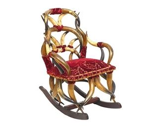 Wenzel Friedrich (1827-1902, San Antonio, Texas) crafted horn rocking chair, textured velvet upholstery, wooden frame