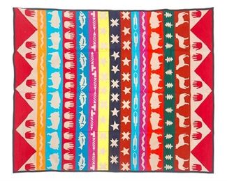 Vintage colorful Beaver State blanket, wool, Southwestern theme
78.5"w x 64"d