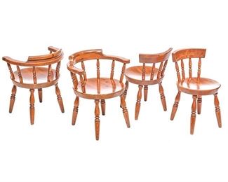 Set of four rustic farmhouse wooden dining chairs, railed tub back, two arm chairs