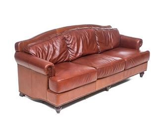 Leather sofa, three seat, red leather with nail head trim
37.5"h x 91"w x 36"d