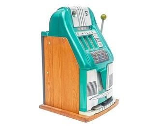 1940's Mills Novelty Co., "High Top" Slot Machine, circa 1940's, 5-cent operated, three-reel, enameled metal and paneled wooden frame, mechanical standalone table top
