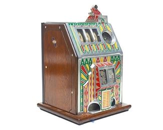 Pace MFG. Chicago IL. "Comet" three reel type slot machine, circa 1930's, 5-cent operated, colorful enameled metal and paneled wooden frame, numbered 85 and 22318, mechanical standalone table top, includes key