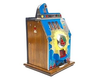 Mills Novelty Co., "Bursting Cherry" three reed type slot machine, circa 1937, 25-cent operated, colorful enameled metal and paneled wooden frame, bell type, mechanical standalone table top