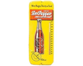 Dr. Pepper metal thermometer, "when hungry, thirsty, or tired", 10 - 2 - 4, "good for life", single sided
26"h x 10"w