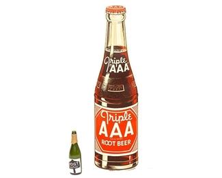Triple AAA Root Beer Soda enameled metal advertising sign, glass bottle motif, Stout Sign Co., single sided
45"h x 12"w