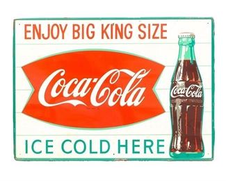 Coca-Cola enameled metal advertising sign, "Enjoy Big King Size", "Ice Cold Here", single sided
19.5"h x 28"w