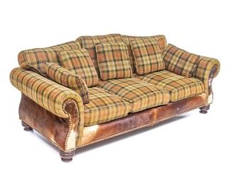 Farmhouse three seat sofa, checkered upholstery with long haired leather accents
35"h x 87"w x 41.5"d