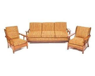 Three piece ranch-style living room suite, 3-seater sofa and an unmatched pair of arm chairs, all having wooden frame and matching upholstery
35"h x 84"w x 34"d