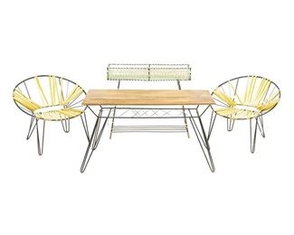 Four piece vintage garden furniture set, to include metal and wire furniture, elastic accents, table, two chairs, plant holder
27.5"h x 31.5"w x 27"d/ largest