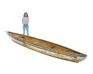 15' Long Vintage Lake Canoe
Large vintage lake canoe, fiberglass and wooden frame, with two seats, blue and white paint remnants
13.5"h x 185"w x 30"d