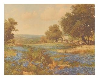 Porfirio Salinas Bluebonnets, Texas hill country bluebonnets, lithograph
frame: 33"h x 38"w