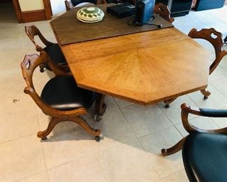 RARE vintage Drexel dining game table with 2 arm & 4 armless chairs. Leaf inserted, table pads included & walnut I believe! 