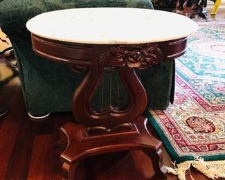 Antique Italian marble top side/end table with lyre harp  base by Victorian Furniture (2 available).