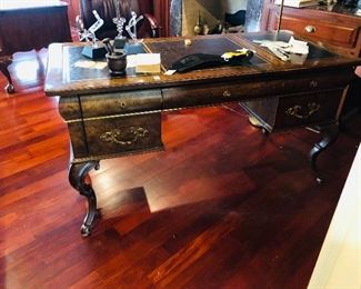 Burl wood writing desk with leather top