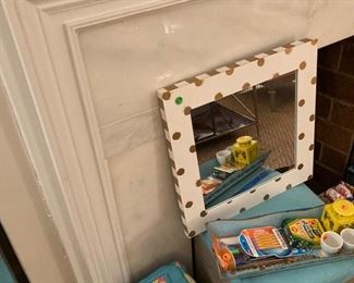 Mirror, beach-y picnic cooler, storage container with cushion top