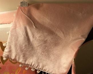 Pair custom made Euro shams in pink velvet with white ball trim