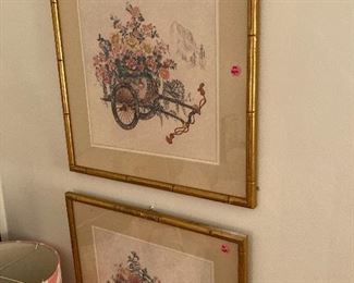 Pair designer prints Asian motif in gilt bamboo frames 