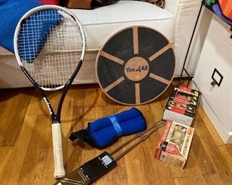 Prince tennis racket/ ankle weights/kindling starter/ s’ more skewers/ ball balance exerciser