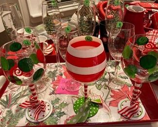 Happy Holiday wine glasses and Spode  Champagne flutes