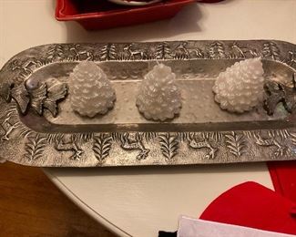 Christmas tray with white “tree”candles 