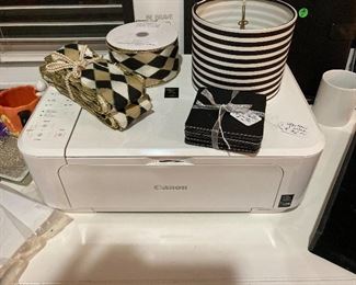 Never used Canon printer/small black and white shade/ Harlequin wide ribbon in black , white and gold / six black leather coasters 