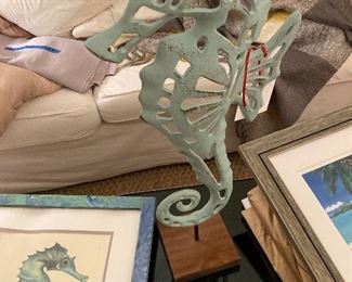 Seahorse on a stand in metal with aqua finish 