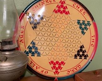 Vintage Chinese Checkers large metal game board, antique oil lamp 