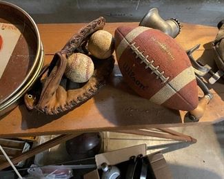 vintage sporting goods (football, catchers mit, baseball)