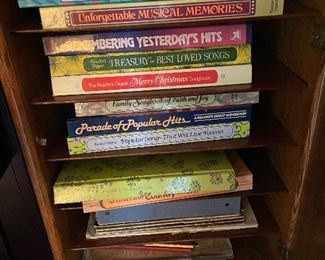 sheet music and music books, antique record cabinet 