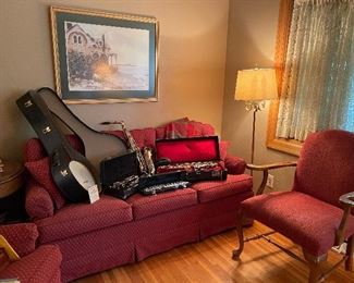 red sofa and matching armchair and side chair (instruments are sold)