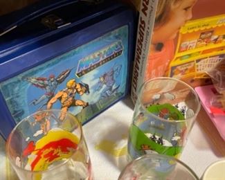vintage Masters of the Universe (HeMan) lunchbox, Peanuts glasses 