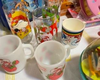 Vintage Strawberry Shortcake mugs and glass, care bears mug