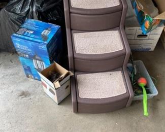pet stairs, toys and accessories, outdoor light fixture in box 